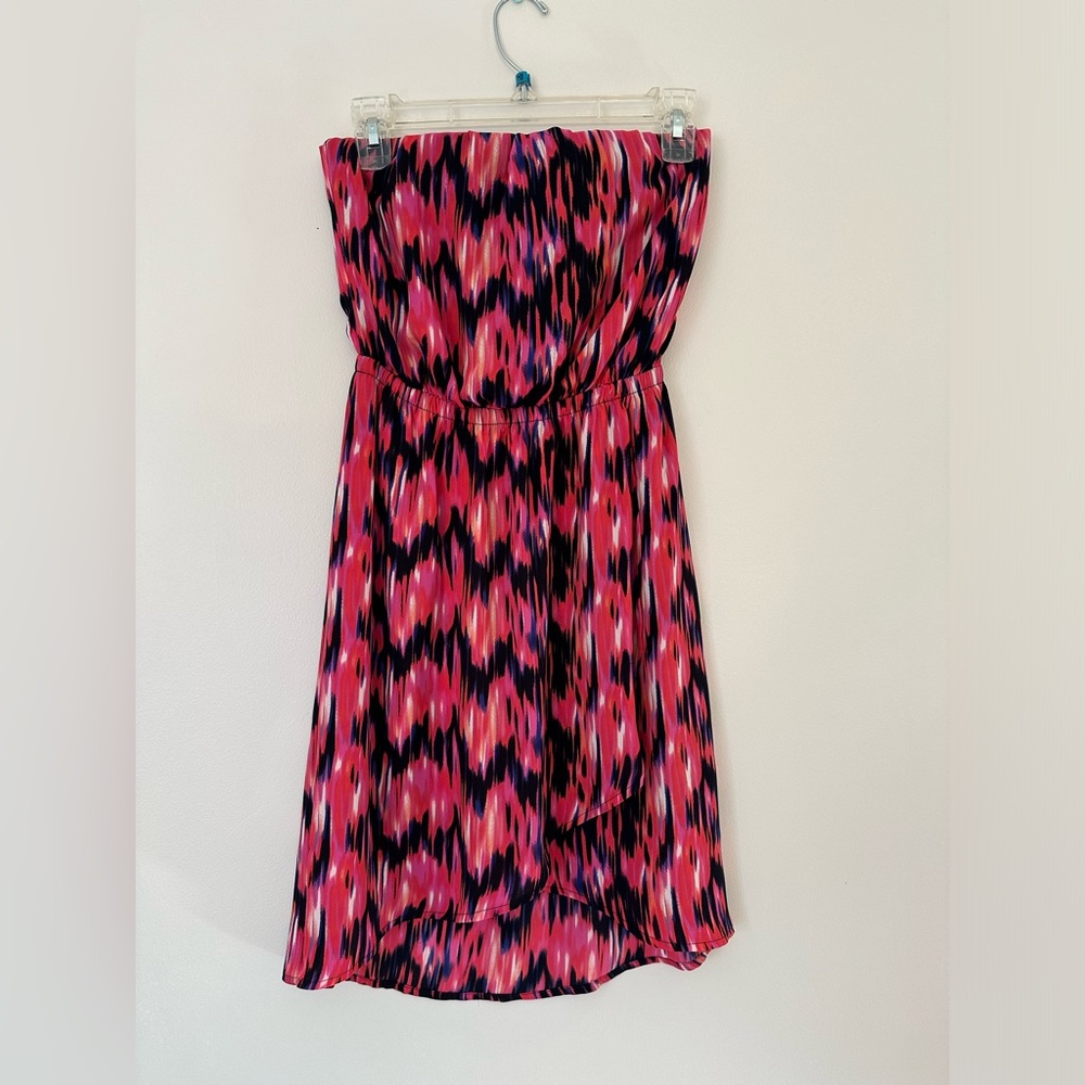 Express XS Strapless High-Low Flowy Mini Dress with Elastic Waist